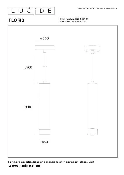 Lucide FLORIS - Suspension - Ø 5,9 cm - 1xGU10 - Noir - TECHNISCH